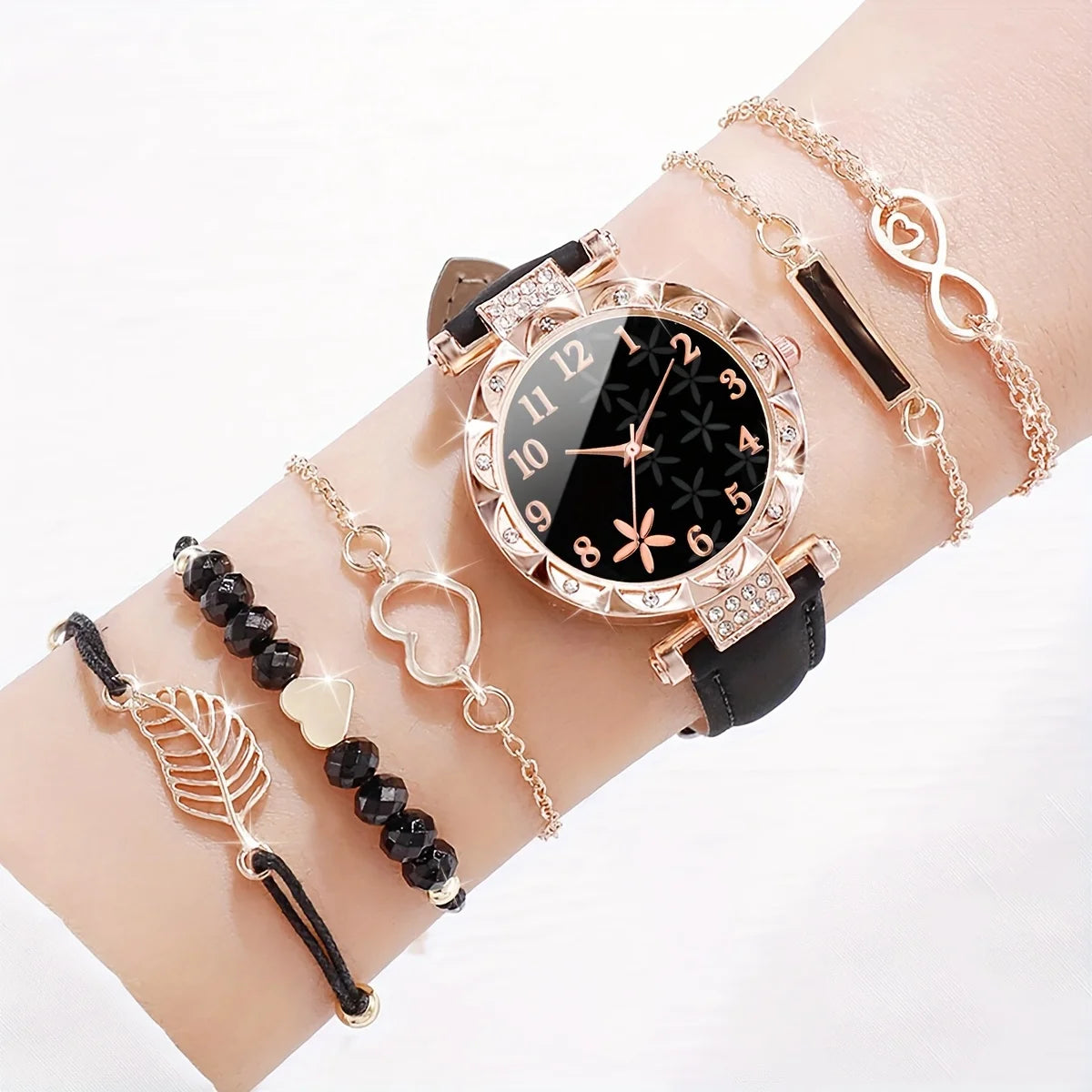 6pcs/set Stylish Womens Flower Quartz Watch with Matching Bracelets - Fashionable Analog Timepiece & Versatile Accessories Set