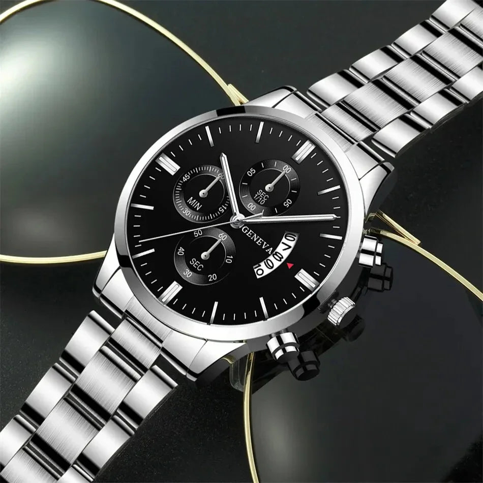 3PCS Set Fashion Mens Business Calendar Watches Men Casual Silver Bracelet Wings Necklace Stainless Steel Quartz Wrist Watch