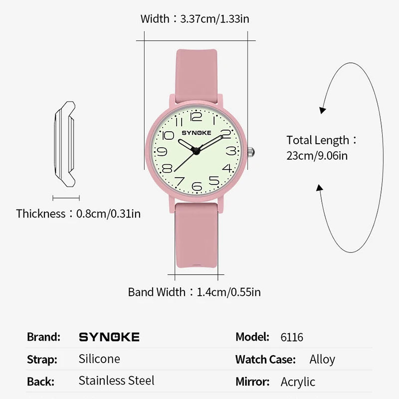 Women Watches Alloy Case 34mm Silicone Strap Luminous Dial SYNOKE Brand Waterproof Quartz Watch Ultra-thin Ladies Wristwatch