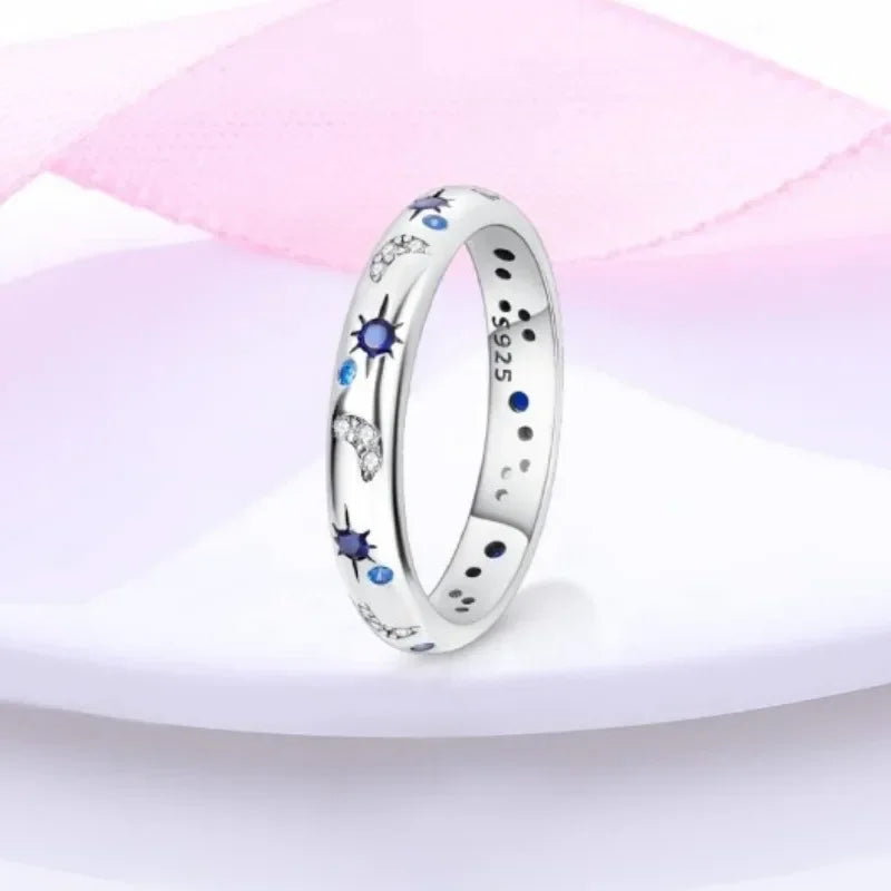 2023 New Celestial Blue Sparkling Moon Sun Star Crystal Ring for Women Fashion Elegant Stackable Finger Band Party Jewelry Gifts