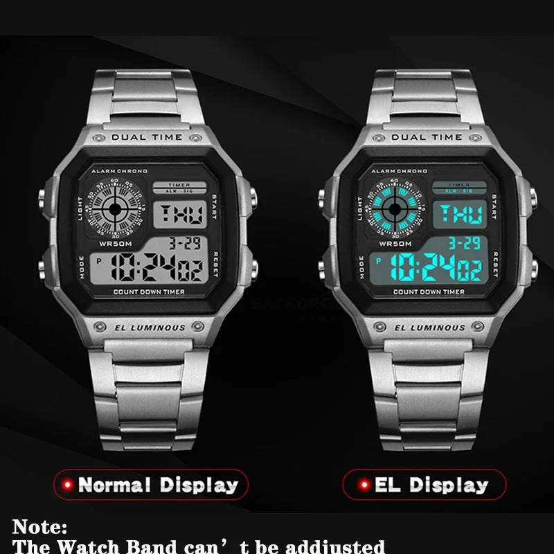 YIKAZE Luxury Stainless Steel Strap Sport Watches Men Military Digital Watches Waterproof Clock LED Men's Sport Wristwatch