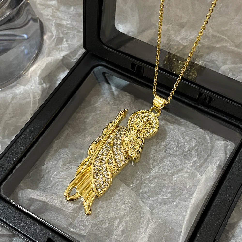 Greatera Religious Saint Jude Necklaces for Women Luxury Cubic Zirconia Gold Plated San Judas Pendant Chain Neckalce Jewelry