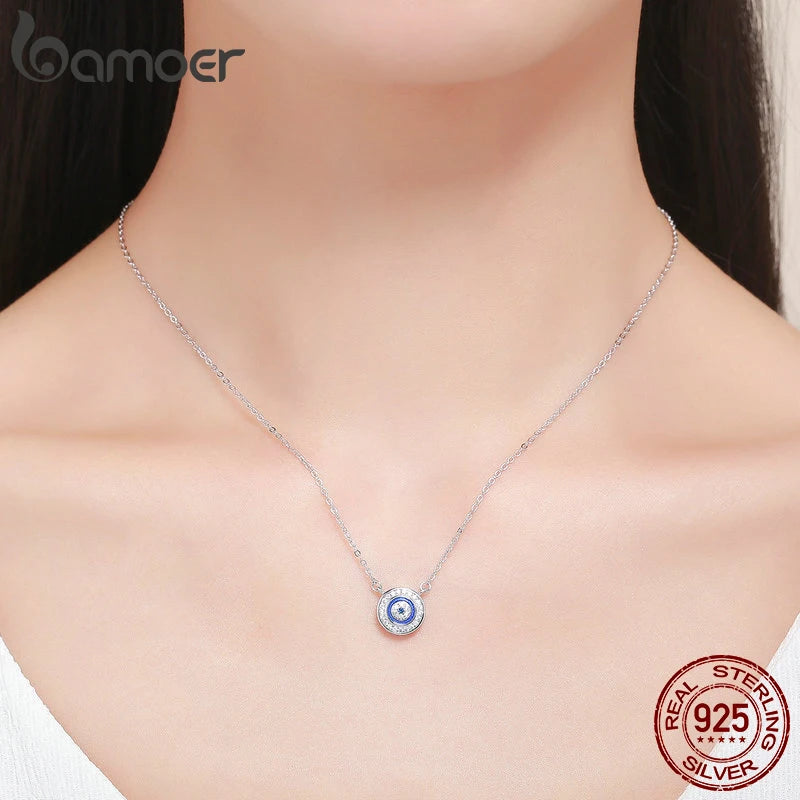 BAMOER Hot Sale 100% 925 Sterling Silver Blue Lucky Eye Guardian Eye Pendant Necklace for Women Clear CZ Fine Jewelry SCN165