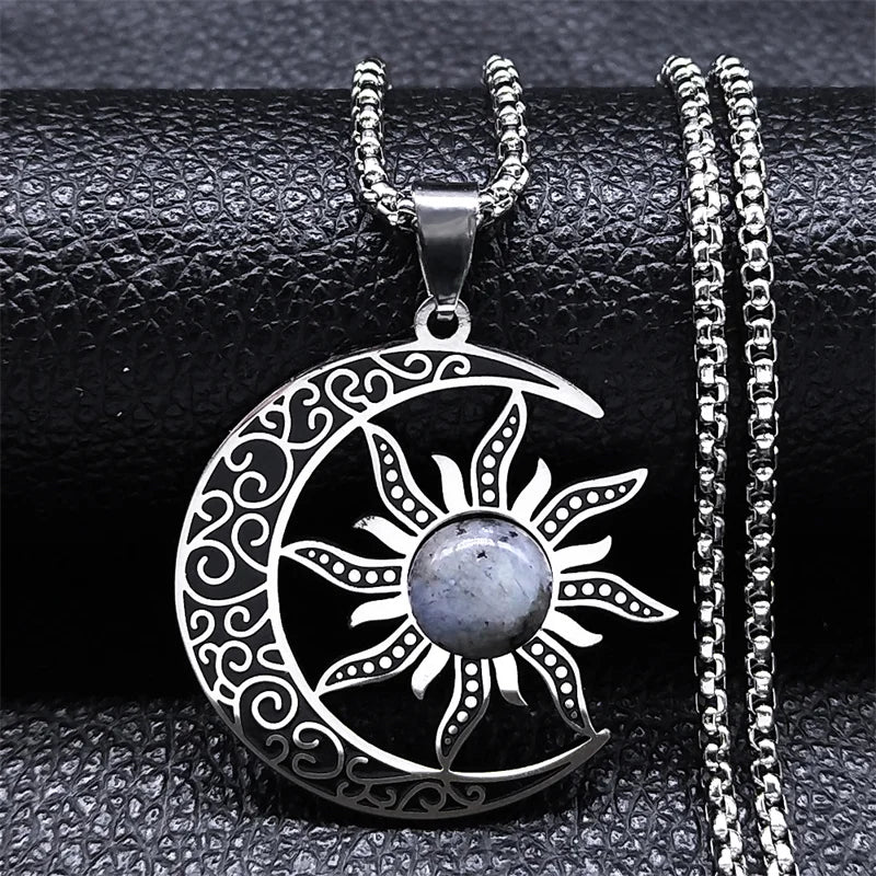 Witch Moon Sun Necklace for Women Men Stainless Steel Stone Occult Luna Crescent Wicca Chain Jewelry collares acero inoxidable