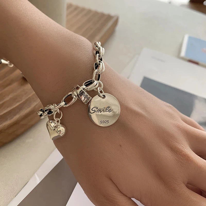 VENTFILLE 925 Sterling Silver Thai Silver Bracelet for Women Vintage Geometric Heart Love Lucky Punk Jewelry 2023 New Dropship