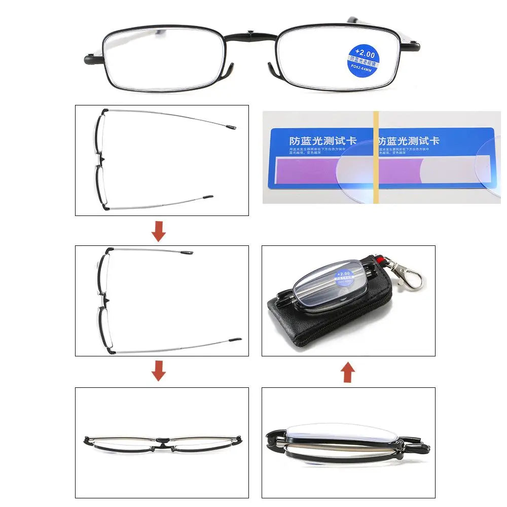 Portable Folding Reading Glasses with Keychain Case Anti Blue Light Presbyopic Eyeglasses Women Men Ultralight Hyperopia Eyewear