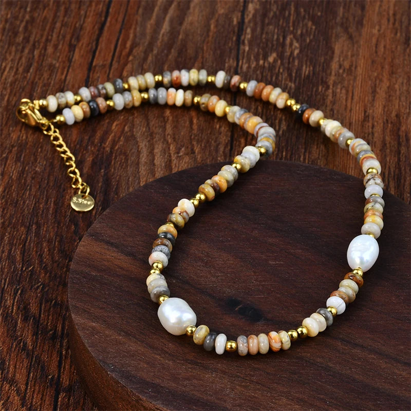 PAPERPLUS | Agate Pearl Necklace for Women.316L Stainless Steel. Luxury Freshwater Pearl Jewelry.Colorful.High Quality. Souvenir