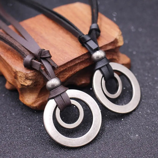 Vintage Men Women Double Circle Adjustable Leather Cord Necklace Pendant Jewelry Christmas Gift Initial Necklace цепочка