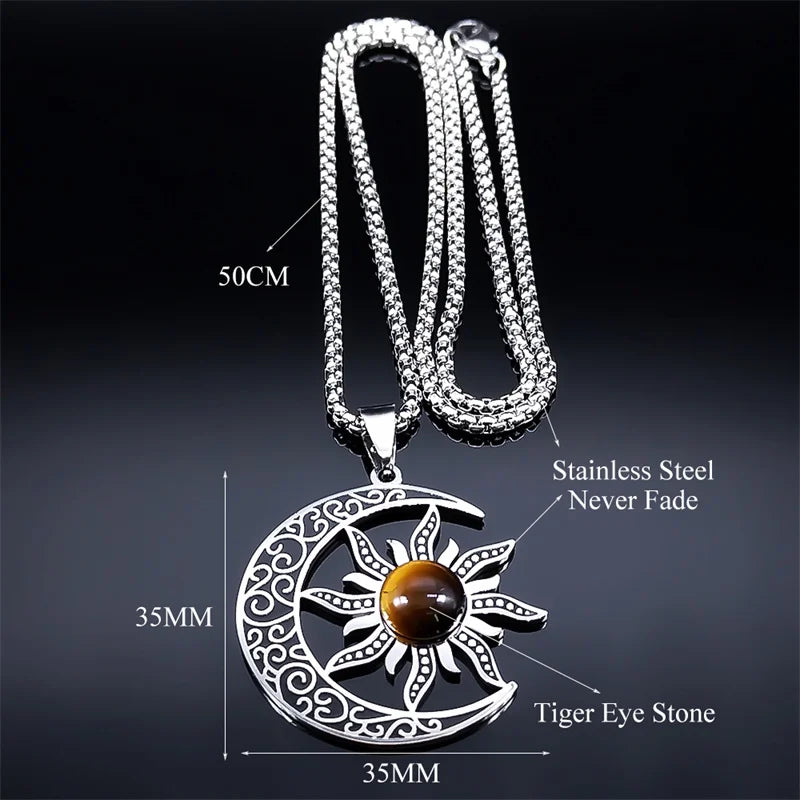 Witch Moon Sun Necklace for Women Men Stainless Steel Stone Occult Luna Crescent Wicca Chain Jewelry collares acero inoxidable