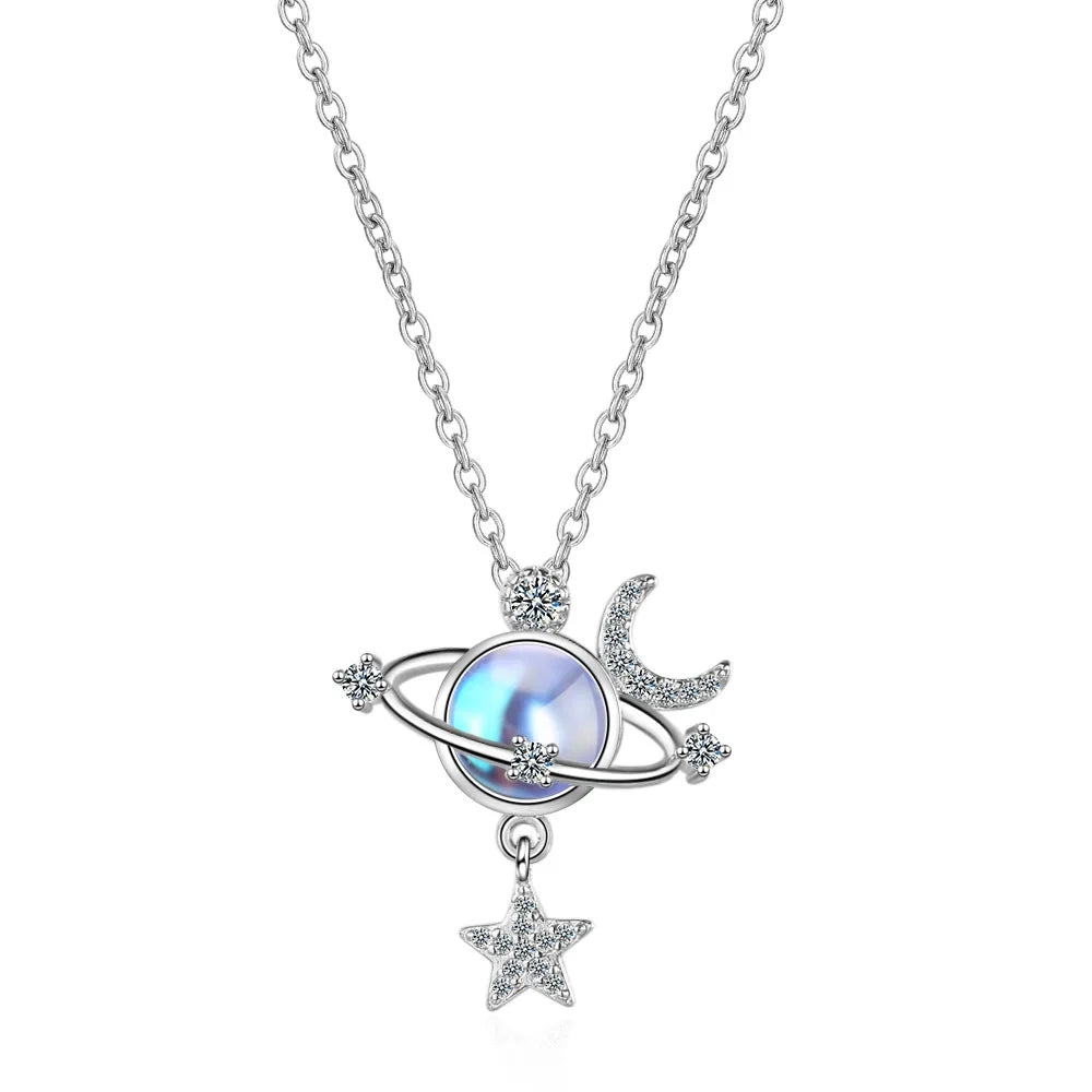 S925 Sterling Silver Gradient Moonstone Star Moon Universe Diamond Zircon Women's Clavicle Pendant Necklace (40cm+3.5cm)