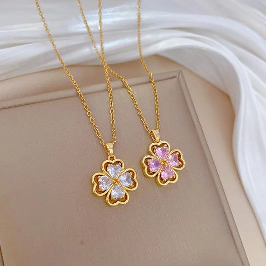 Exquisite Fashion Micropaved Pink Flower Necklace Classic Charm Clover Girls Stainless Steel Collarbone Chain Gift