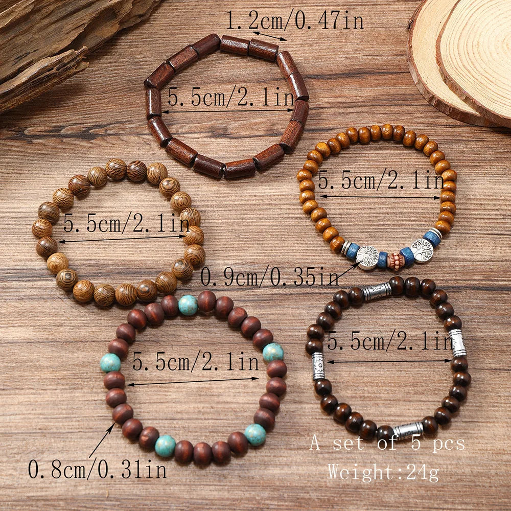 Ethnic 4-5pc/set wood bead tree Cactus Charms bracelets Hamsa Hand Butterfly Bohemia Men Bracelets For Women Female Jewelry