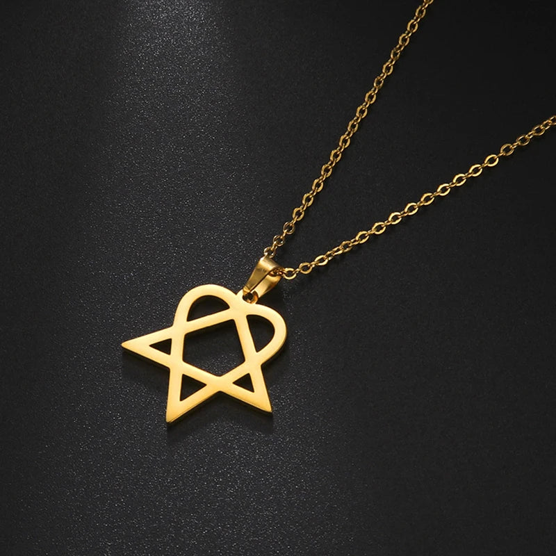 Classic Simple Personality Heartagram Star Heart Stainless Steel Pendant Necklace Men's Women's Fashion Star Of David Necklace