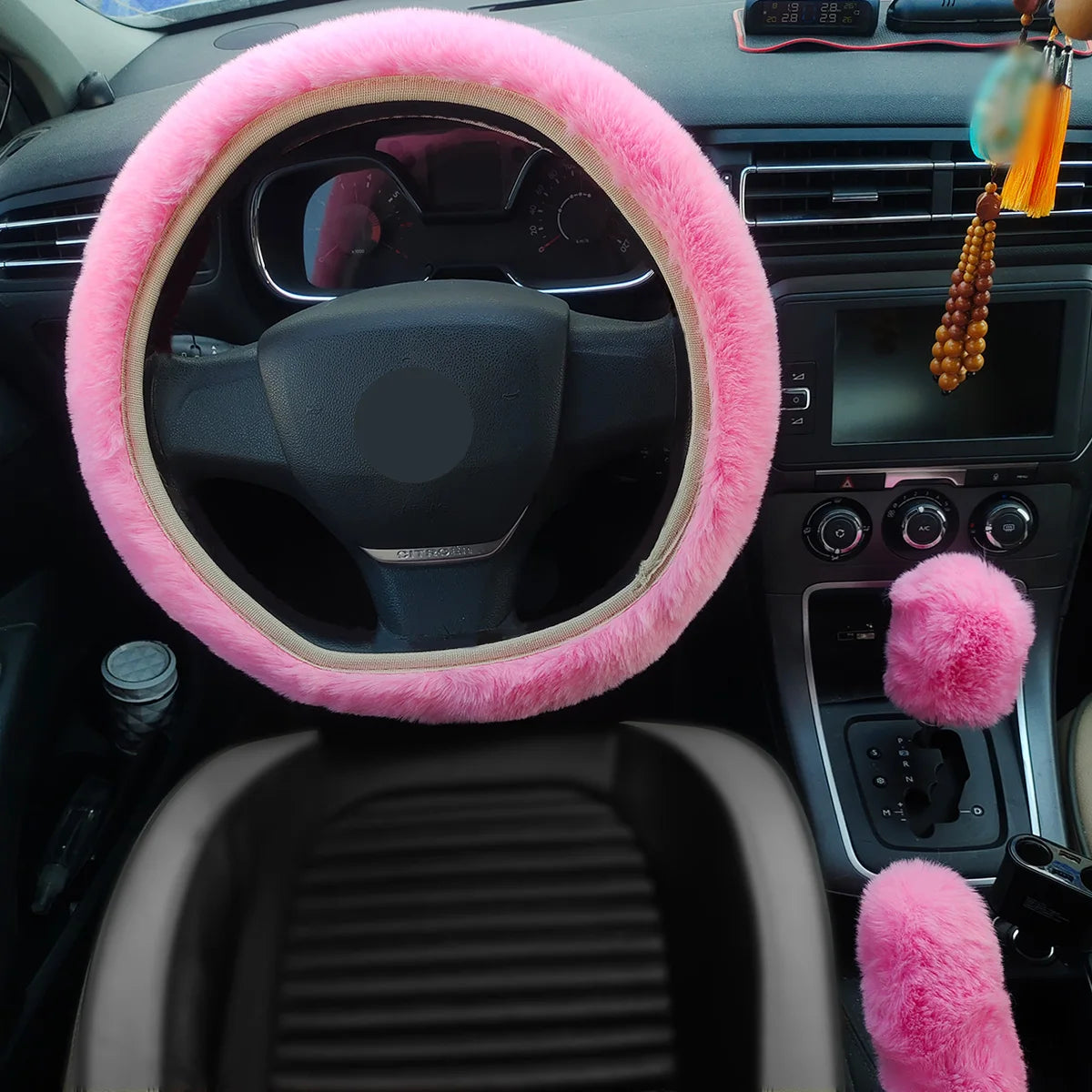 Car Steering Wheel Cover Gearshift Handbrake Cover Protector Decoration Warm Super Thick Plush Collar Soft Black Pink Women Man