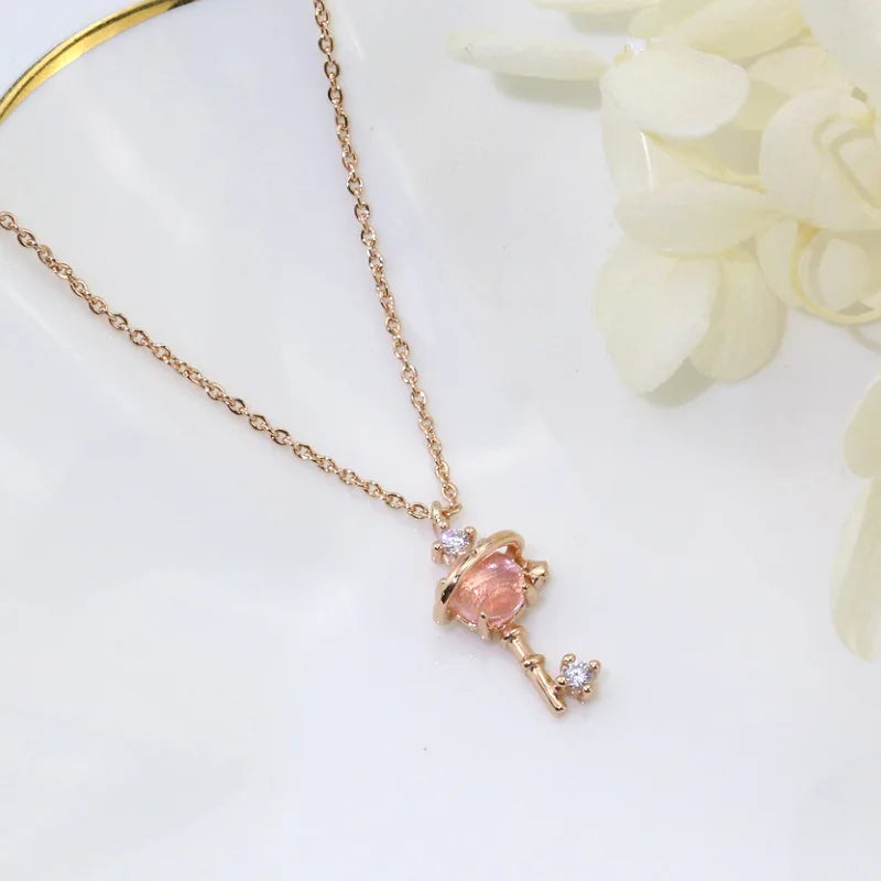 Pink Planet Meteor Shower Key Pendant Necklace Tiny Rose Gold Color Clavicle Chain Collar for Women Friendship Jewelry