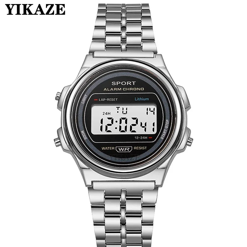 YIKAZE Steel Men's Watch Classic Business Men Digital Watches Alarm Chrono Electronic Wristwatch Sports Clock for Man Women