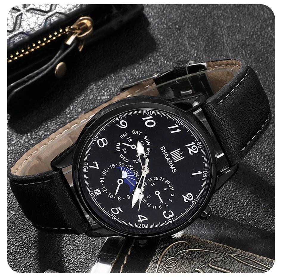 Fashion Mens Watches Wallet Glasses For Men Retro Black Bussiness Quartz Watch Male Casual Watch Relogio Masculino