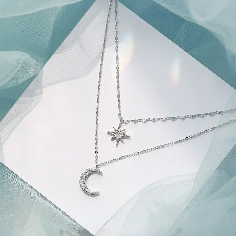 Delysia King   Star Moon double layer Necklace women's light luxury niche design sense overlapping clavicle chain 2021 NEW