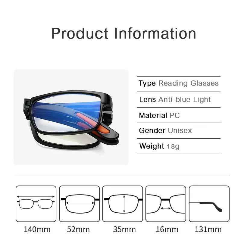 Folding Reading Glasses Diopter +1.0 to +4.0 Anti-blue Light Presbyopia Eyeglasses with Portable Case Men Women TR90 Eyewear