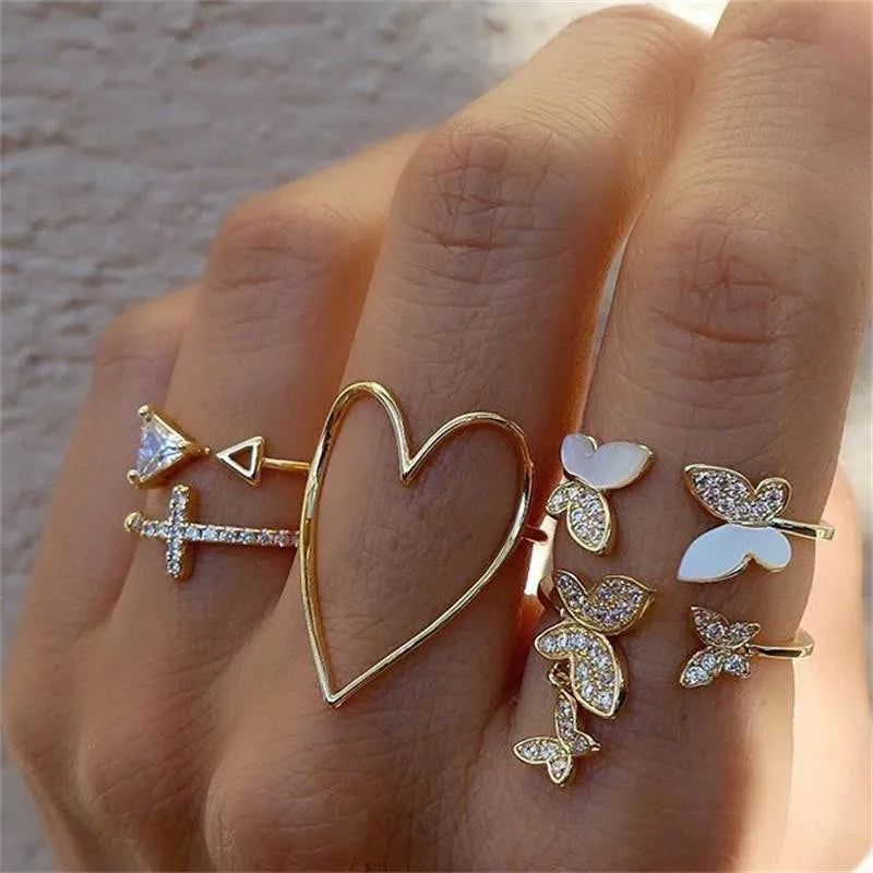 Silver Color Crystal Rings Set for Women, Cubic Zirconia Moon Arrow Flower Heart Finger Wedding Rings, Female Fashion Jewelry