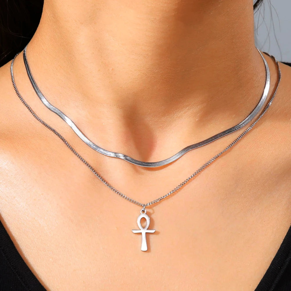 Lucktune Ankh Cross Egyptian Amulet Necklace Stainless Steel Key of Life Symbol Crucifix Pendant Necklace Women Religion Jewelry