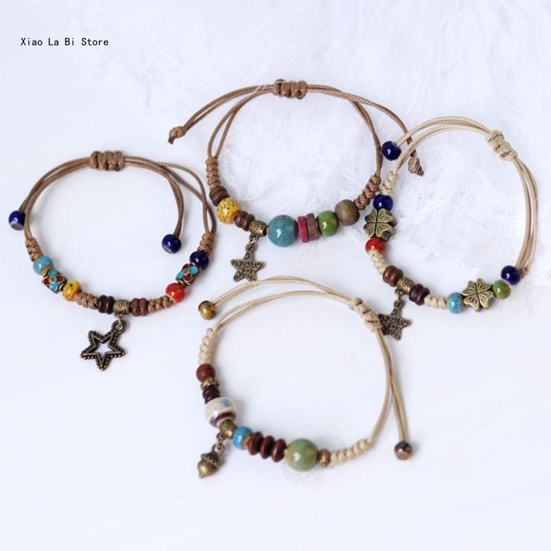 Fashionable Bracelet Ethnic Ceramic Beaded Bangles Woven Strings Exquisite and Eye Catching Wrist Decoration XXFD