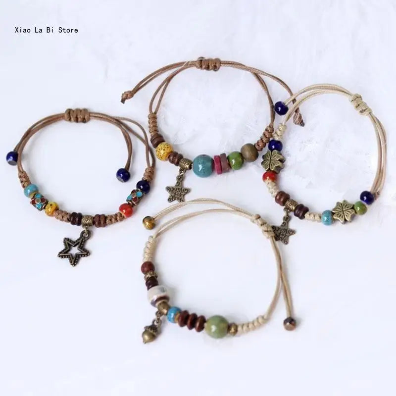 Fashionable Bracelet Ethnic Ceramic Beaded Bangles Woven Strings Exquisite and Eye Catching Wrist Decoration XXFD