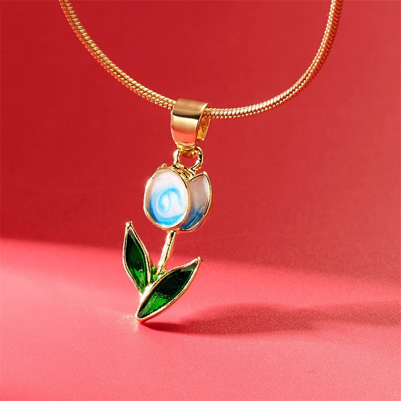 Vintage Elegant Enamel Tulip Flower Pendant Necklace For Women Fashion Young Girls Personality Accessories Clavicle Chain Choker