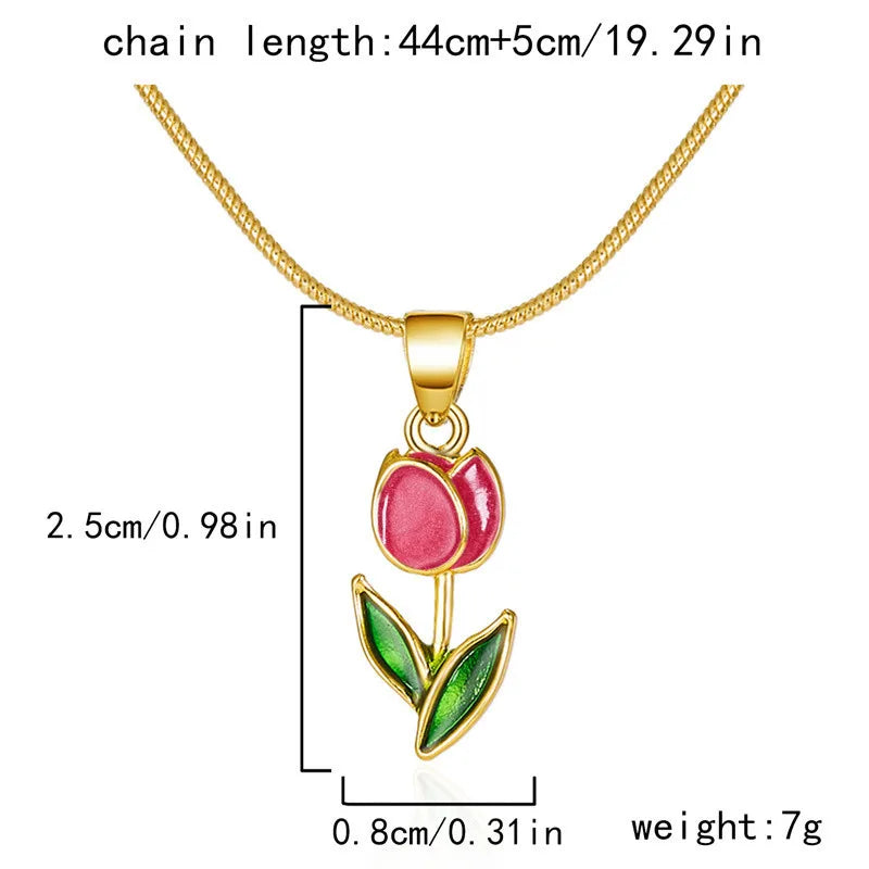 Vintage Elegant Enamel Tulip Flower Pendant Necklace For Women Fashion Young Girls Personality Accessories Clavicle Chain Choker