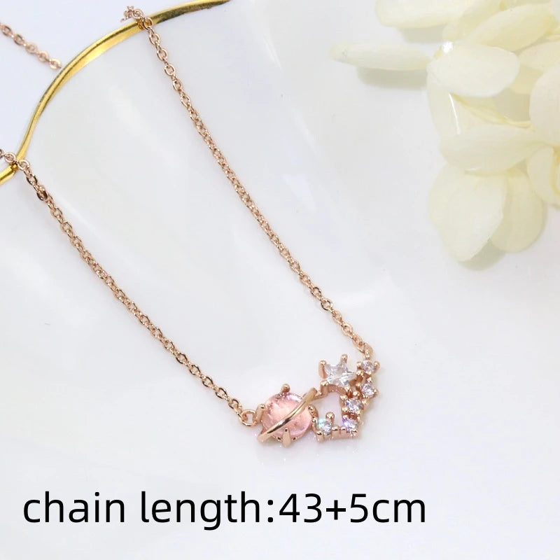 Pink Planet Meteor Shower Key Pendant Necklace Tiny Rose Gold Color Clavicle Chain Collar for Women Friendship Jewelry