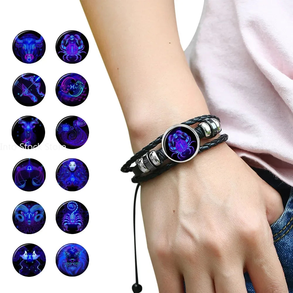 12 Constellation Zodiac Sign Black Braided Leather Bracelet Cancer Leo Virgo Libra Woven Glass Dome Jewelry Punk Men Bracelet