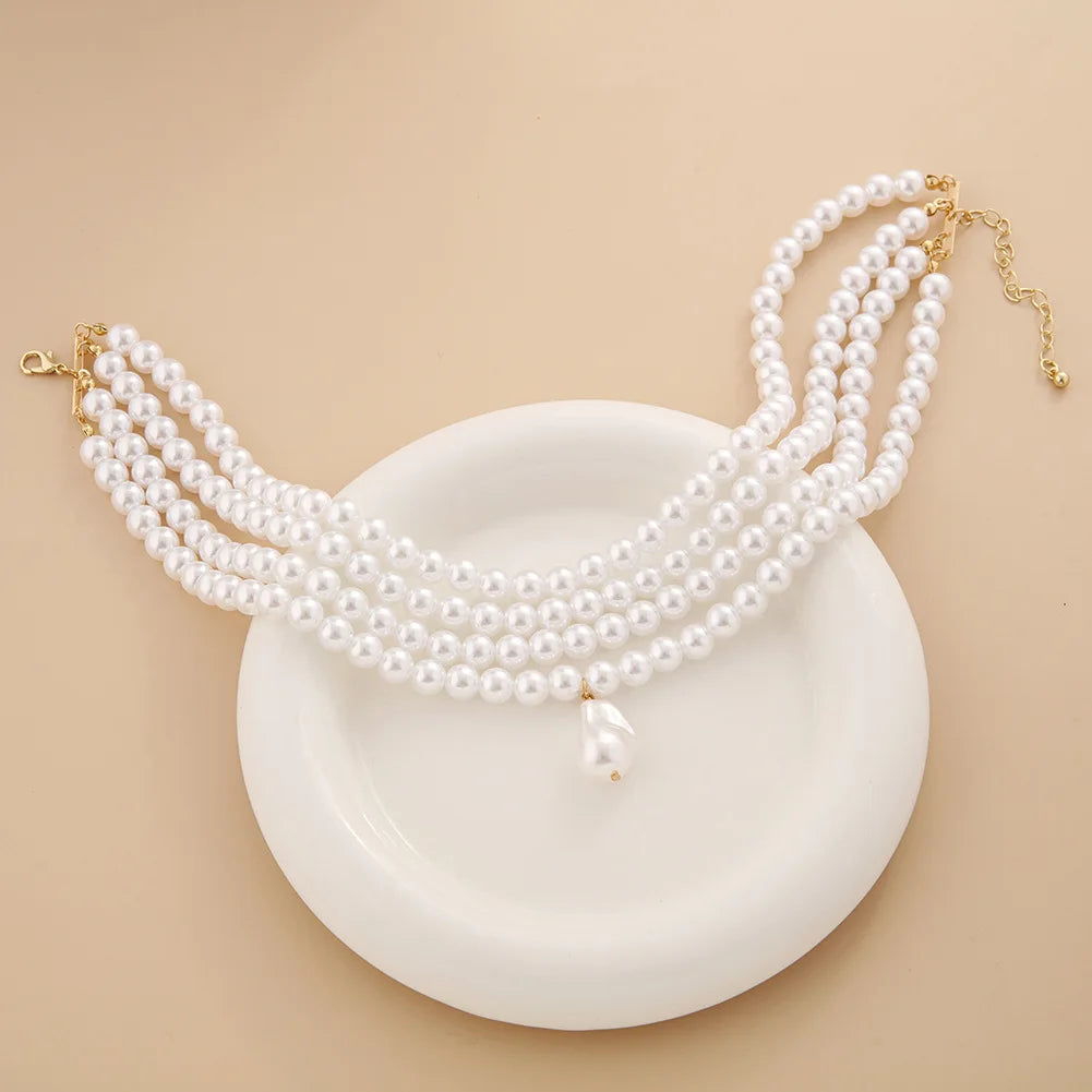 Fashion Elegant Necklace With Shaped Pendant Multilayer White Imitation Pearl Choker Wide Necklace Jewelry Gifts For Women Girls