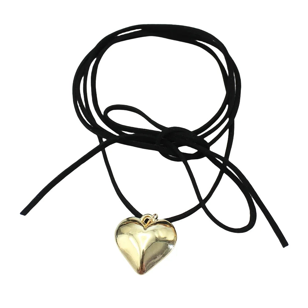 Goth Black Velvet 30mm Big Heart Pendant Choker Necklace Women Diy Weave Knotted Bowknot Adjustable Chain Jewelry