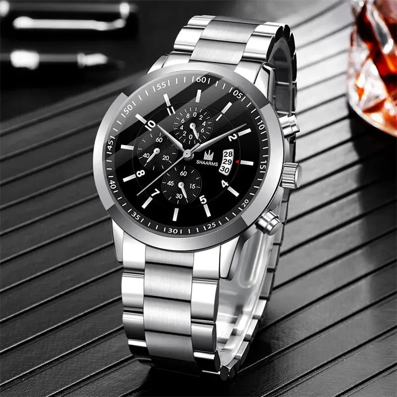 Fashion Mens Stainless Steel Watches Luxury Quartz Wristwatch Calendar Clock Men Business Casual Watch Bracelet Set Reloj Hombre