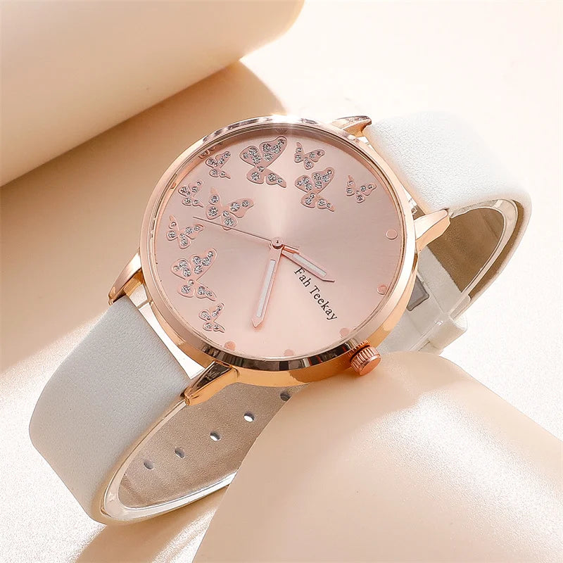 2pcs Set Womens Butterfly Watches Ladies Fashion Watch New Simple Casual Women Analog WristWatch Bracelet Gift