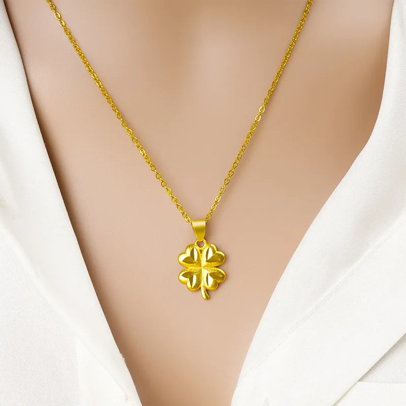 14 K Gold Color Lucky Clover Pendant Necklace for Women Fine Jewelry Genuine Solid Gold Color for Women Wedding Luxury Jewelry