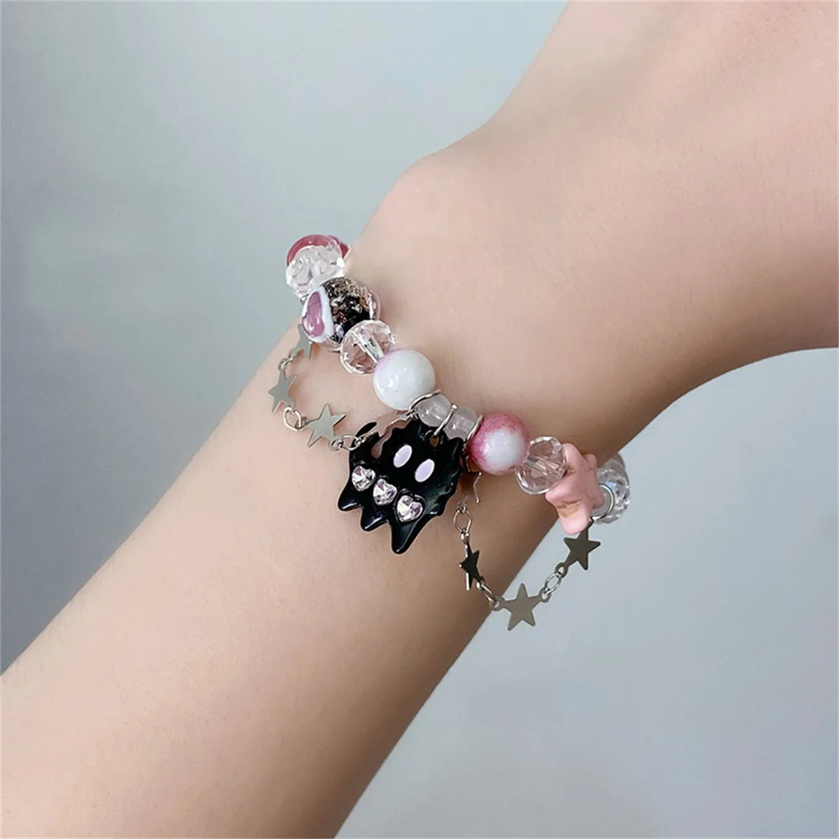 Harajuku Resin Imitation Pearl Star Beaded Bracelets For Women Vintage Aesthetic Charm Double Layer Star Chain Bracelet Jewelry