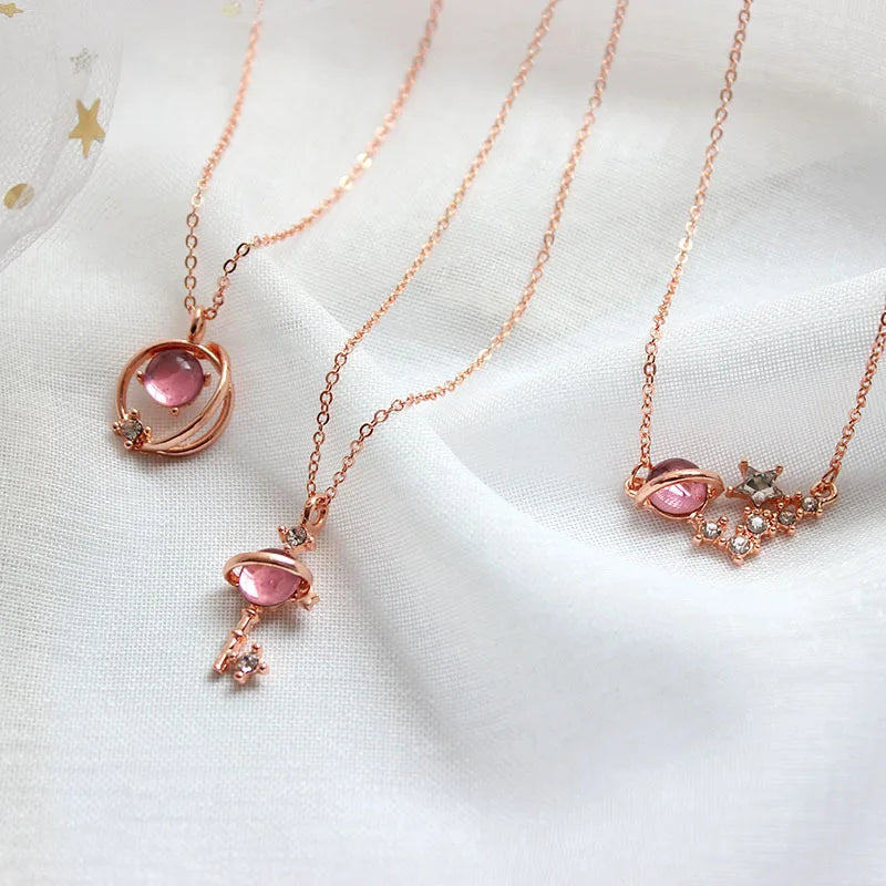 Pink Planet Meteor Shower Key Pendant Necklace Tiny Rose Gold Color Clavicle Chain Collar for Women Friendship Jewelry