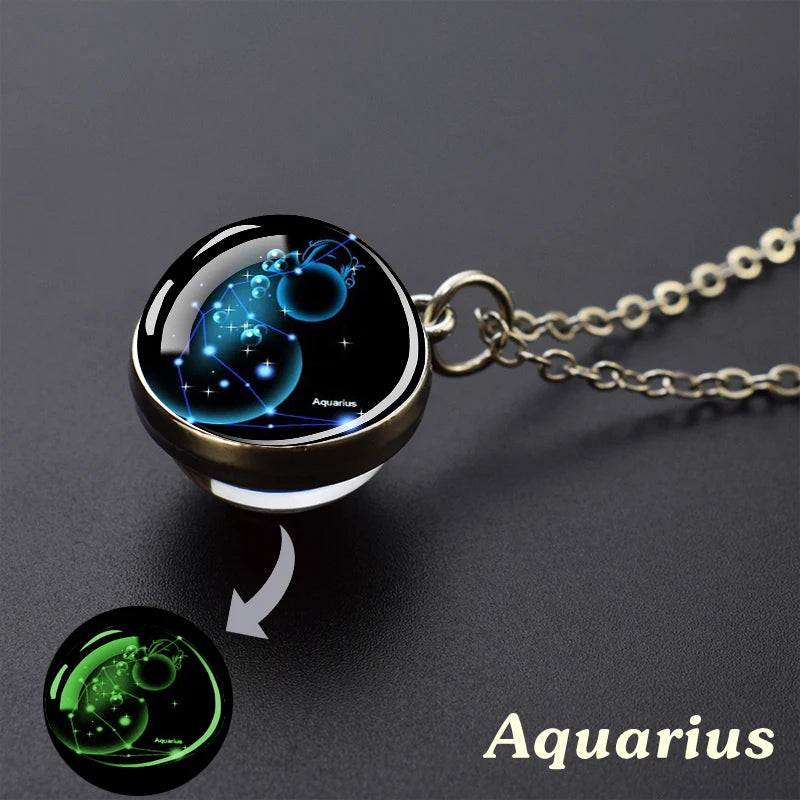 12 Constellation Necklace Starry Sky Luminous Zodiac Glass Ball Pendant Necklace Christmas Gift for Men Women