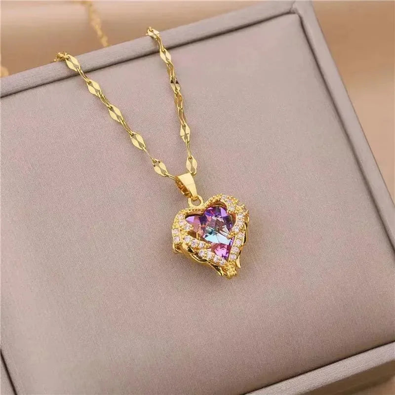 Luxury Colorful Crystal Ocean Heart Pendant Necklace For Women Korean Fashion Stainless Steel Neck Chain Female Wedding Jewelry