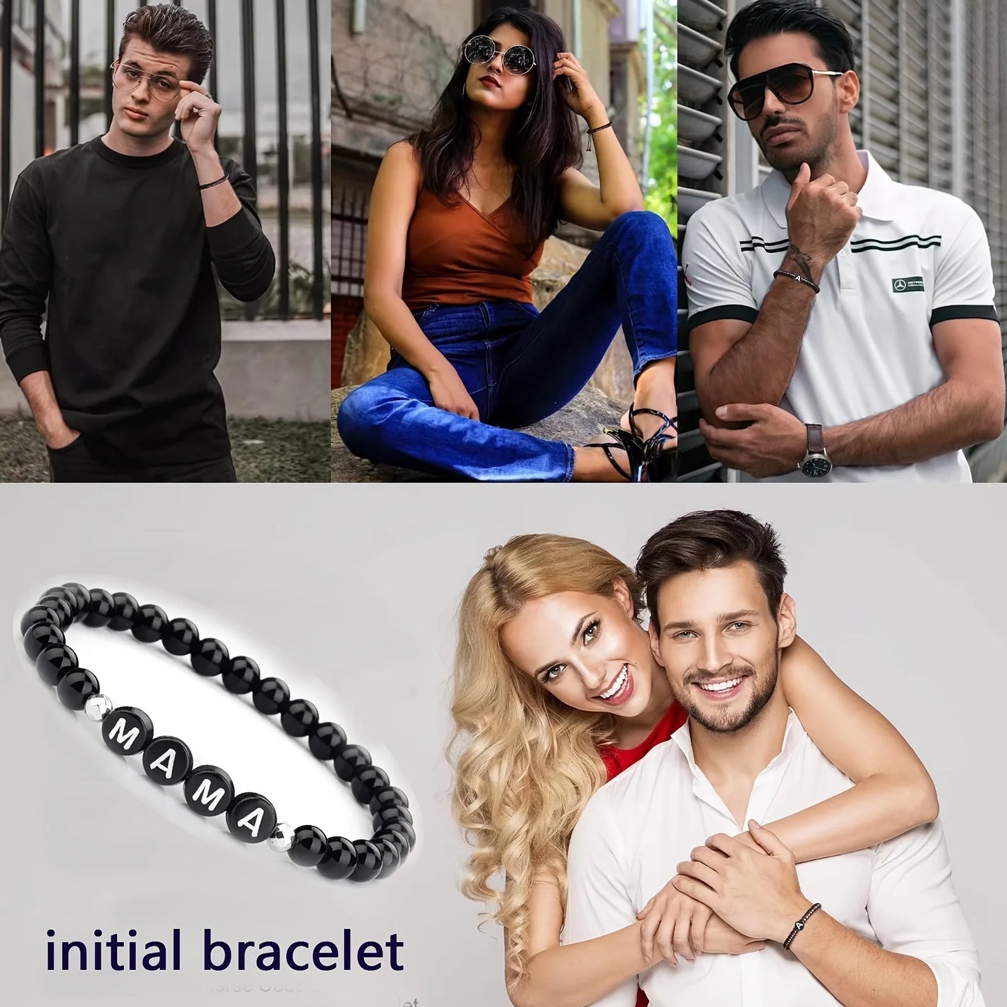 FTCY Couple's Black Obsidian Bracelets MAMA DAD Mother Father Chains in Hand Valentine's Present Blackstone Beads Jewelry Gift