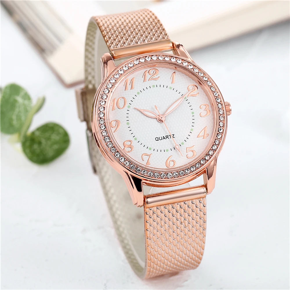 Women Watches Luxury Mesh Band Bracelet Rose Gold   Inlaid Crystal Fashion   New