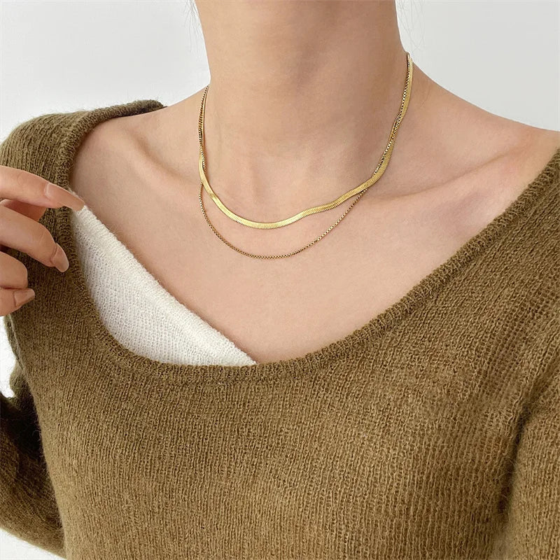 Fashion Multilayer Snake Chain Necklaces For Women Gold Color Herringbone Choker Clavicle Neck Chains 2023 Trendy Jewelry Gifts