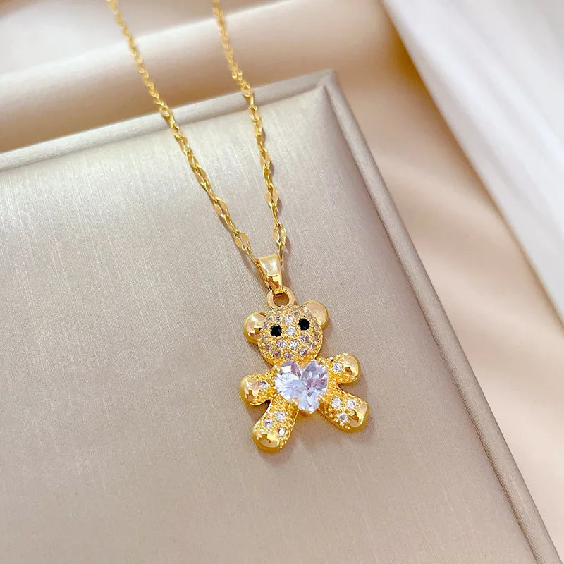 Cute Fashionable Bear Micropaved Rhinestone Pendant Necklace Earrings Set Women's Jewelry Perfect Birthday Gift for Girls Women