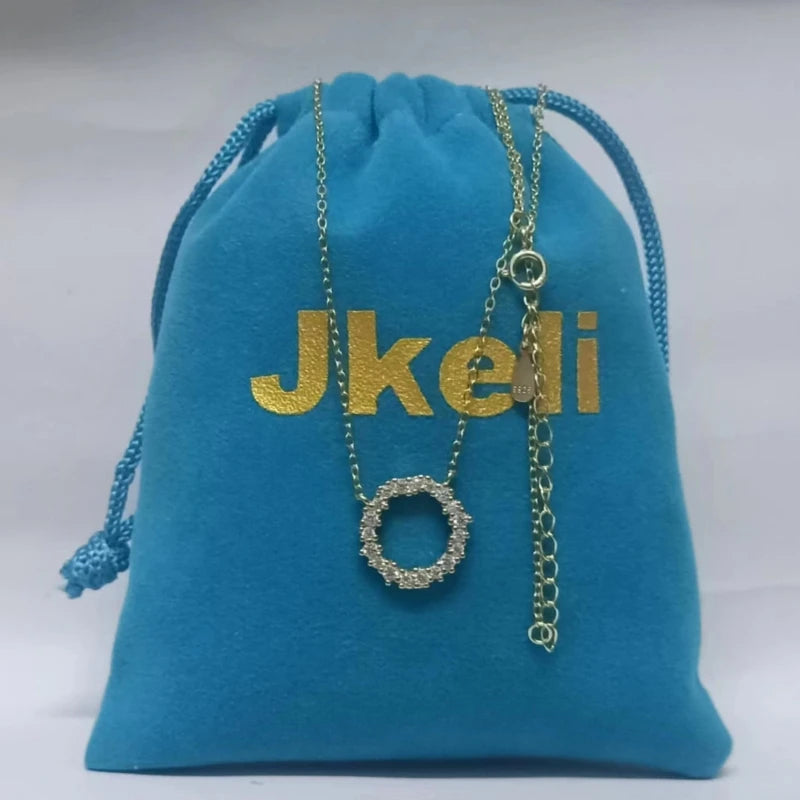 Jkeli -100% S925 Sterling Silver Plated 18K Gold Necklace with Full Diamond Circle Style Japanese and Korean K Gold Collar Chain