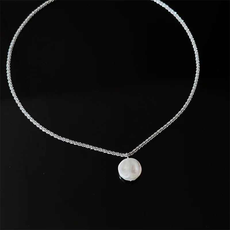 Baroque Button Pearl Pendant Necklace for Women Fashion Silver Color Stainless Steel No Fade Sparkling Clavicle Chain Jewelry