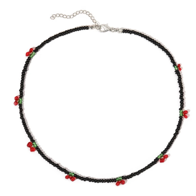 Bohemia Beaded Red Cherry Necklace for Women Cute Handmade Fruits Seed Bead Transparent Chokers Necklaces Boho Jewelry