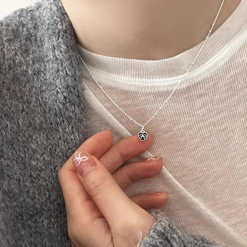 VENTFILLE 925 Sterling Silver Love Heart Necklace for Women Girl Black Drop Glaze Bow Knot Bead Jewelry Sweet Gift Dropshipping