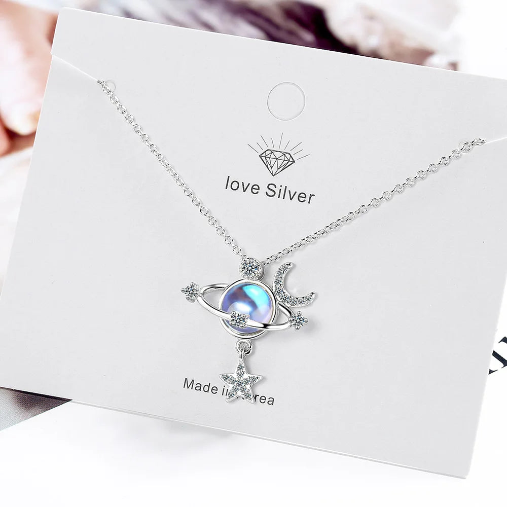 S925 Sterling Silver Gradient Moonstone Star Moon Universe Diamond Zircon Women's Clavicle Pendant Necklace (40cm+3.5cm)