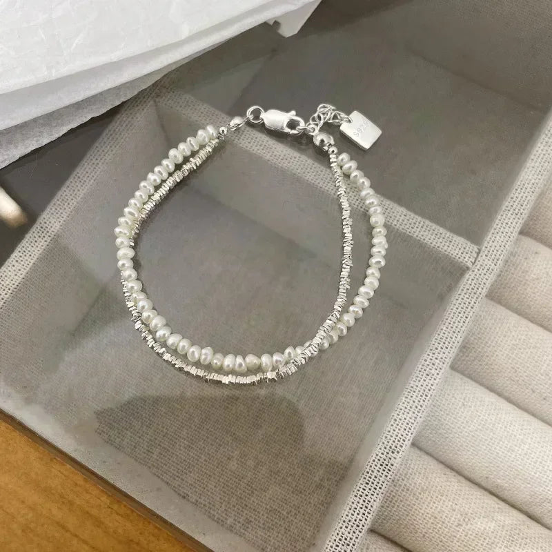 925 Sterling Silver Double Layer Pearl Bracelet for Women Girl Design Bead Korean Jewelry Dropshipping Charm Bracelet